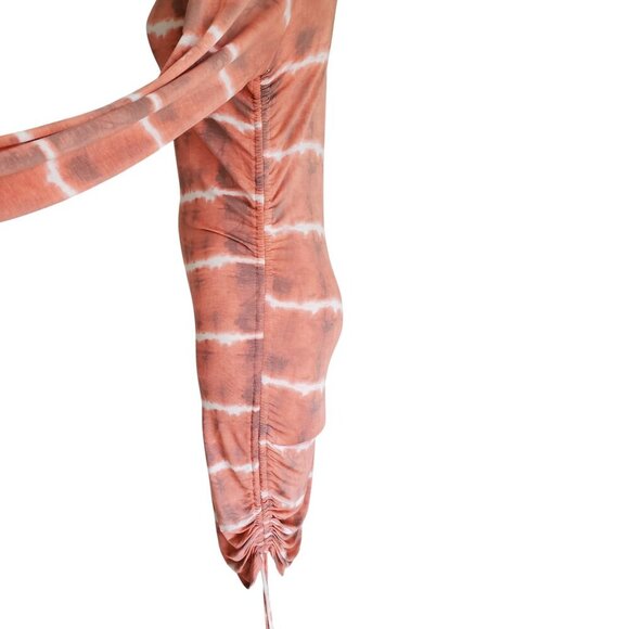 Soft Stretchy T-shirt Dress Ruched Side Midi BodyCon Peach Tie Dye Long Sleeve S - Picture 5 of 16